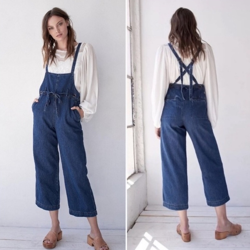Free People Strappy Wide Leg Denim Overalls Jumpsuit